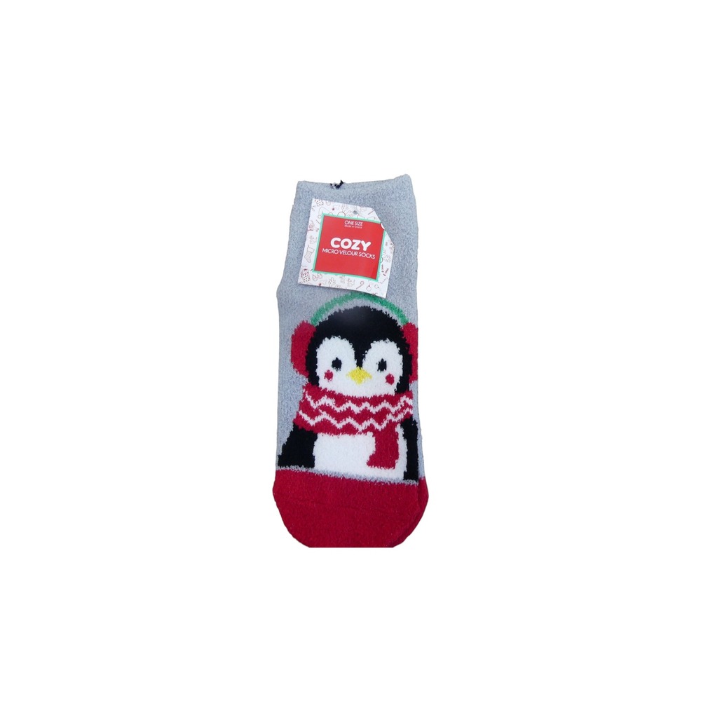 Cozy Micro Velour Socks Womens OS Blue Penguin Holiday Winter Plush